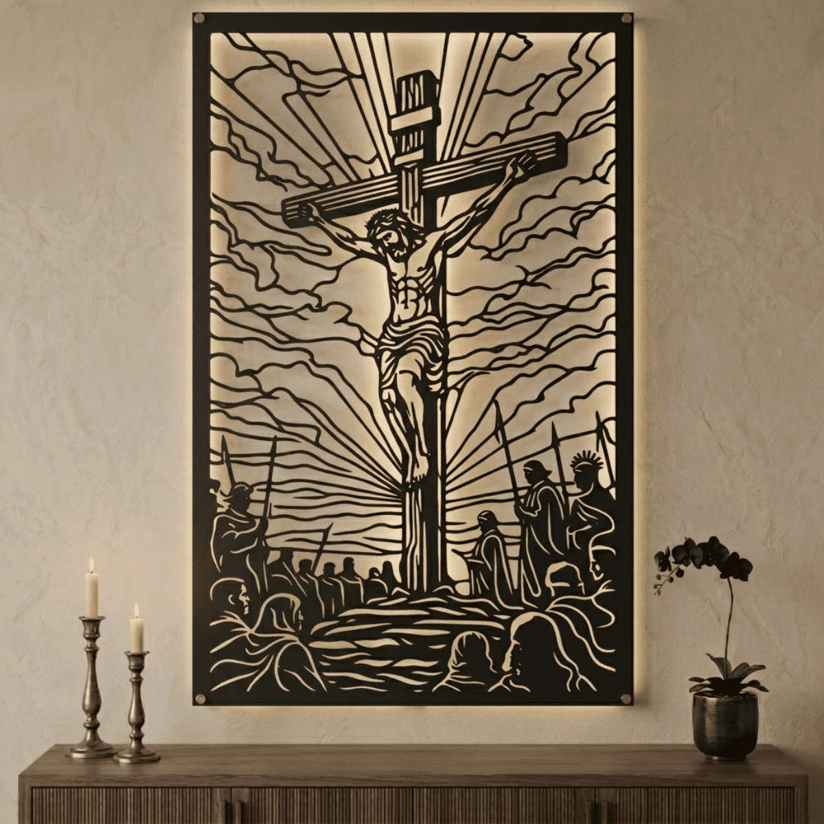 Cuadro Religioso Crucifixión Monte Calvario en Acero Arte Sacro