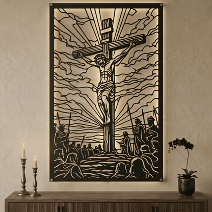 Cuadro Religioso Crucifixión Monte Calvario en Acero Arte Sacro
