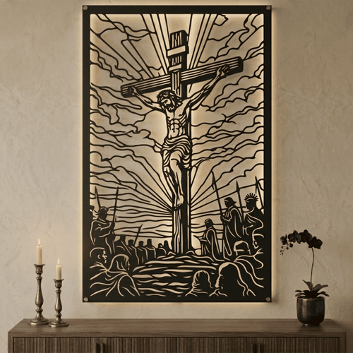 Cuadro Religioso Crucifixión Monte Calvario en Acero Arte Sacro