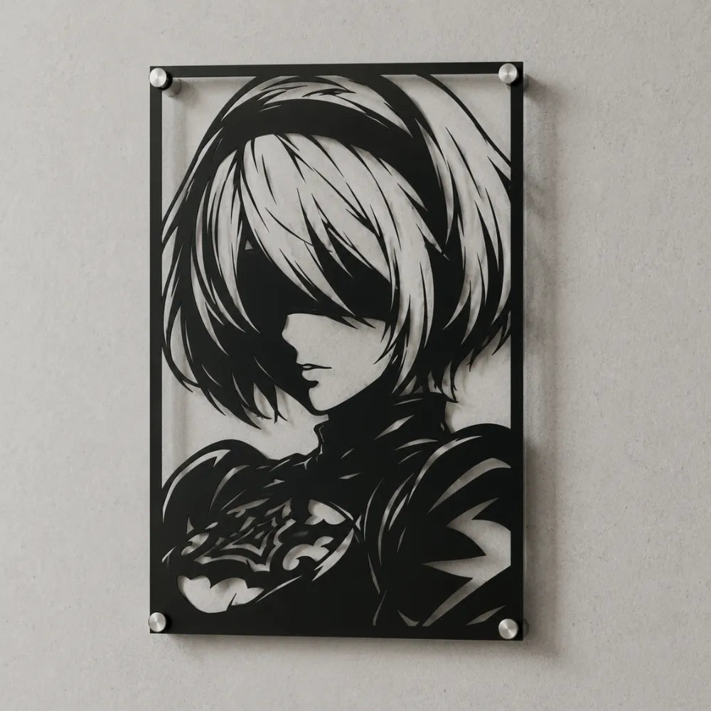 Cuadro de acero de 2B de NieR Automata colgado en pared