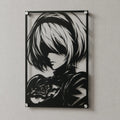 Cuadro de acero de 2B de NieR Automata colgado en pared