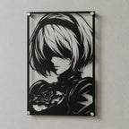 Cuadro de acero de 2B de NieR Automata colgado en pared