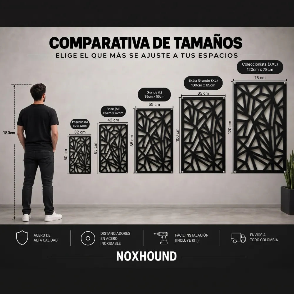 Comparación de tamaños de los cuadros en acero con una persona de 180 cm