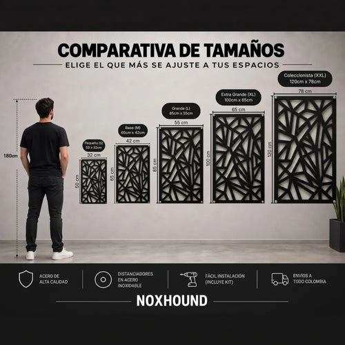 Comparación de tamaños de los cuadros en acero con una persona de 180 cm