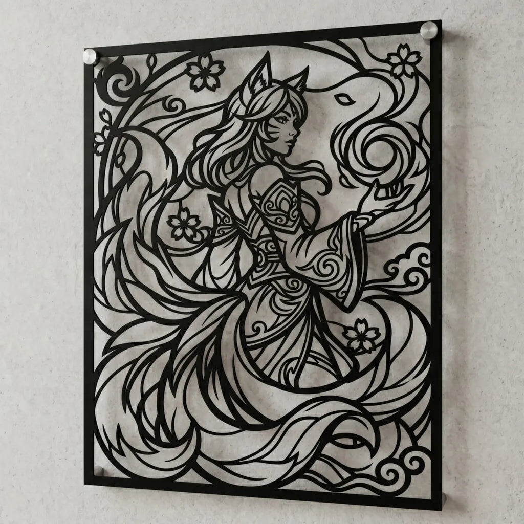 Cuadro decorativo de Ahri de League of Legends en acero cortado a láser