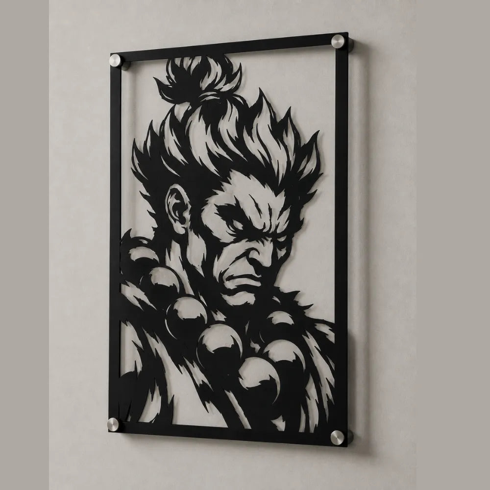 Cuadro de acero de Akuma de Street Fighter colgado en pared