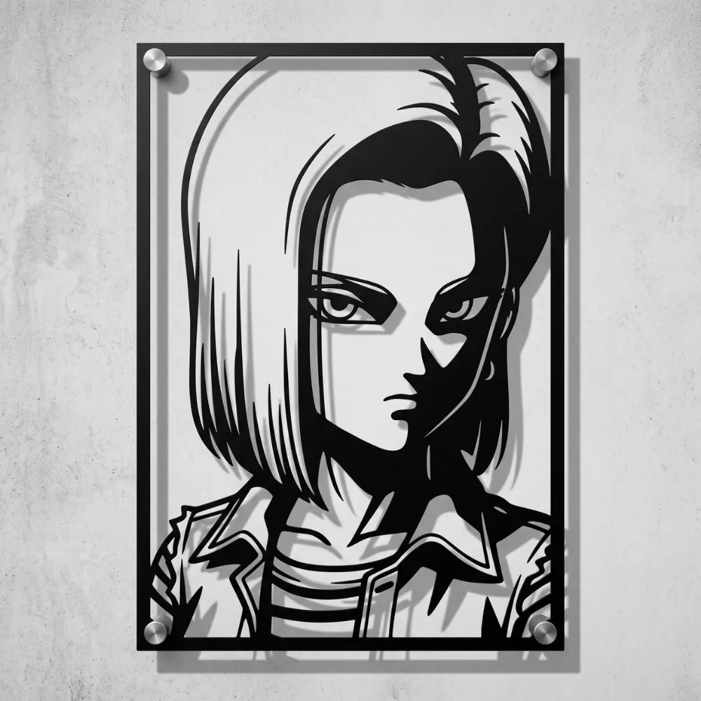 Cuadro de acero de Androide 18 de Dragon Ball colgado en pared