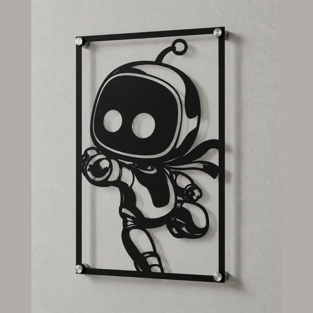 Cuadro de acero de Astro Bot colgado en pared
