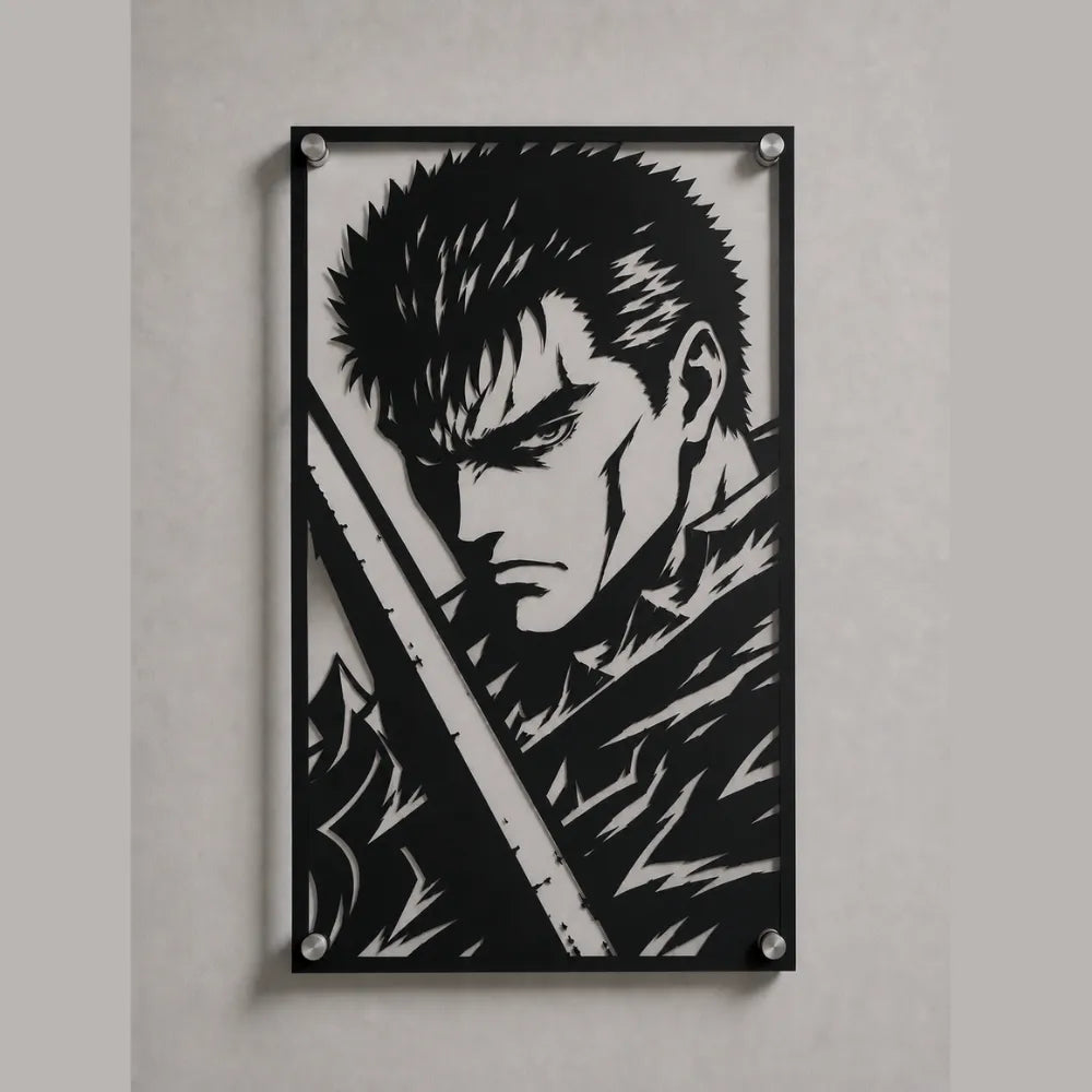 Cuadro de acero de Guts de Berserk con la Dragonslayer colgado en pared