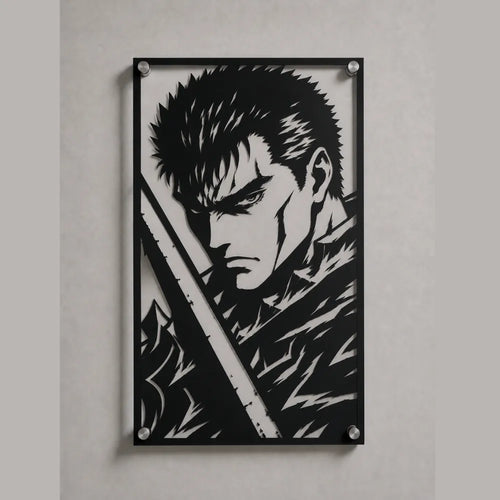 Cuadro de acero de Guts de Berserk con la Dragonslayer colgado en pared