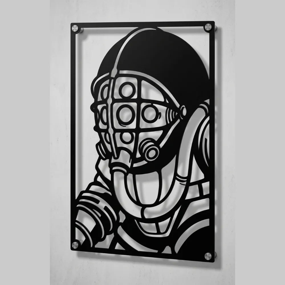 Cuadro de acero del Big Daddy de BioShock colgado en pared