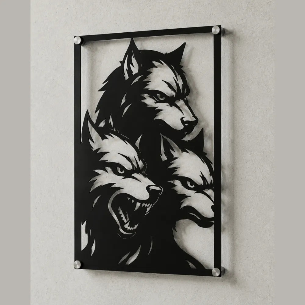 Cuadro de acero de Cerbero del videojuego Hades colgado en pared