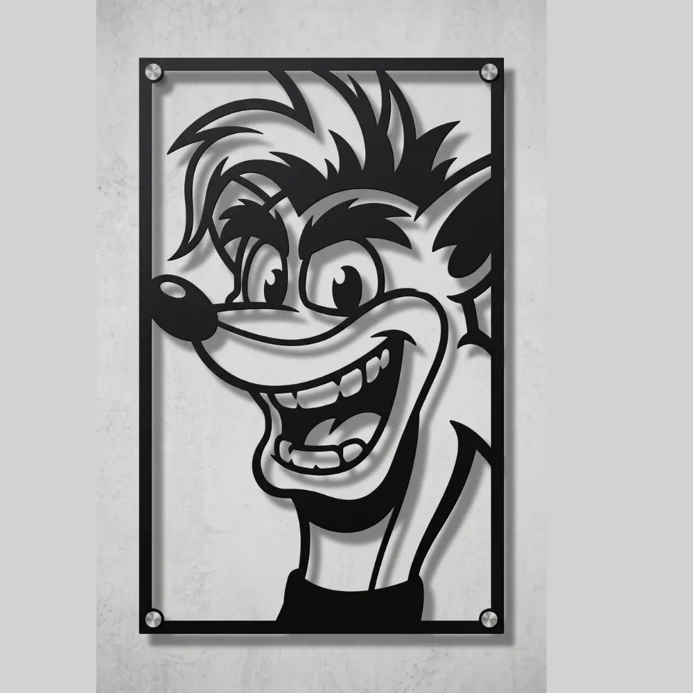 Cuadro de acero de Crash Bandicoot colgado en pared