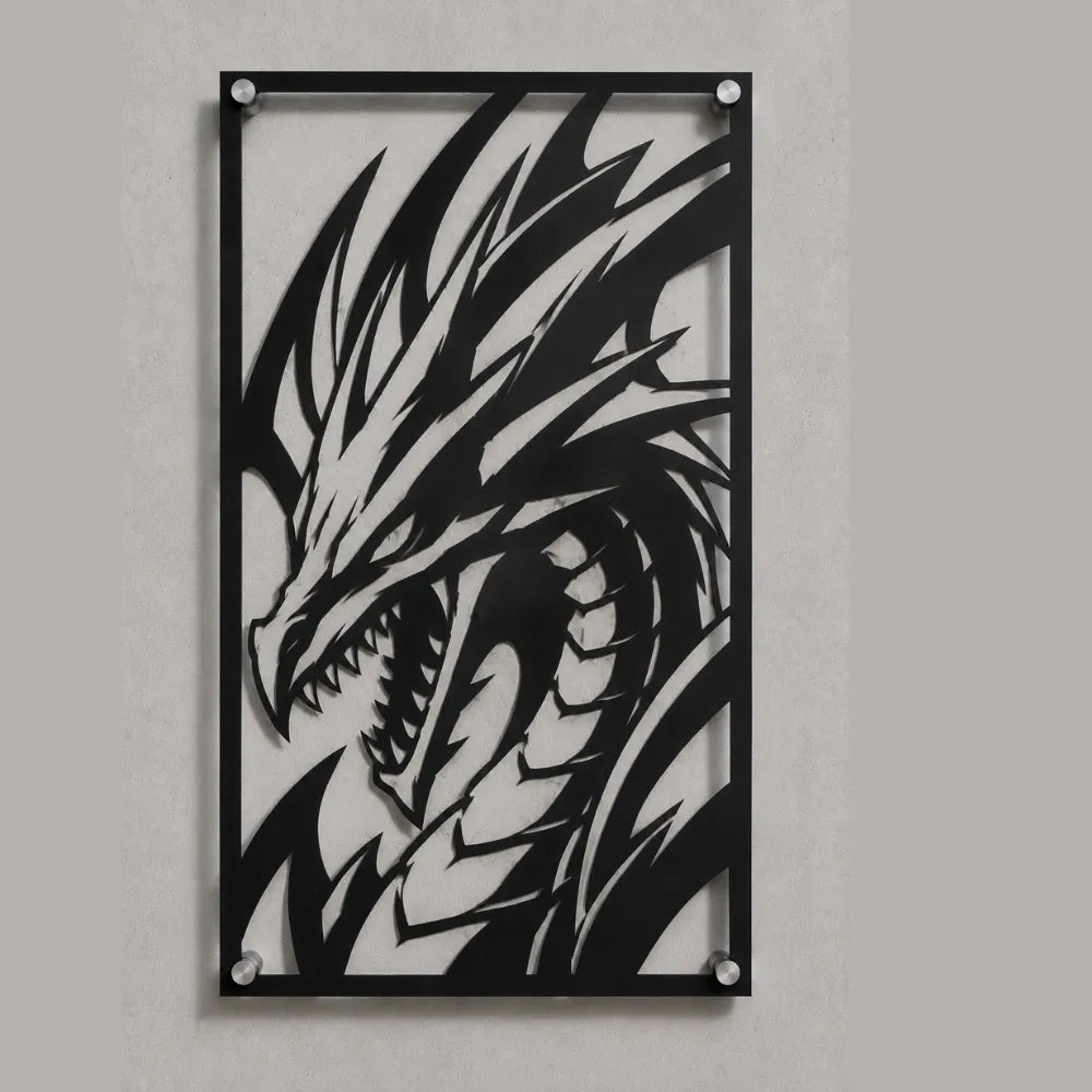 Cuadro de acero del Dragón Negro de Ojos Rojos de Yu-Gi-Oh colgado en pared