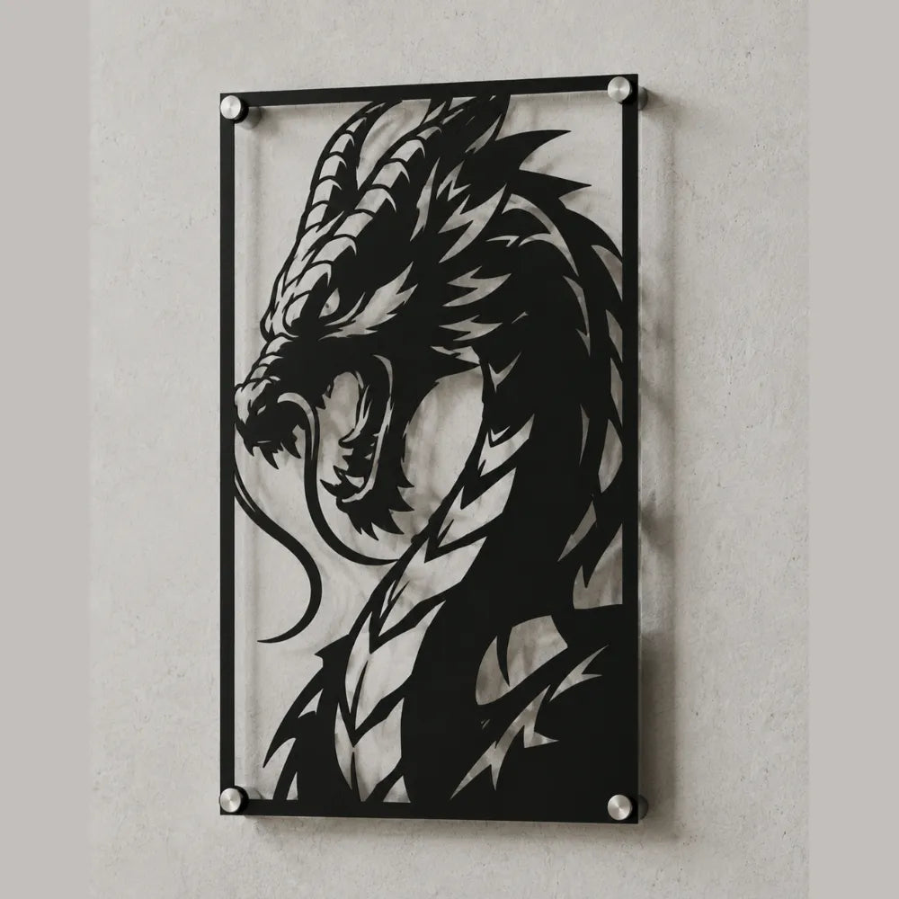 Cuadro de acero del dragón de Mortal Kombat colgado en pared