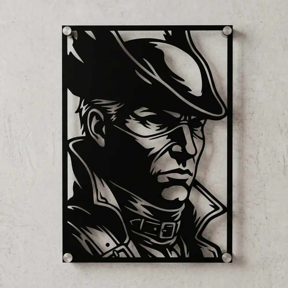 Cuadro de acero del Cazador de Bloodborne colgado en pared