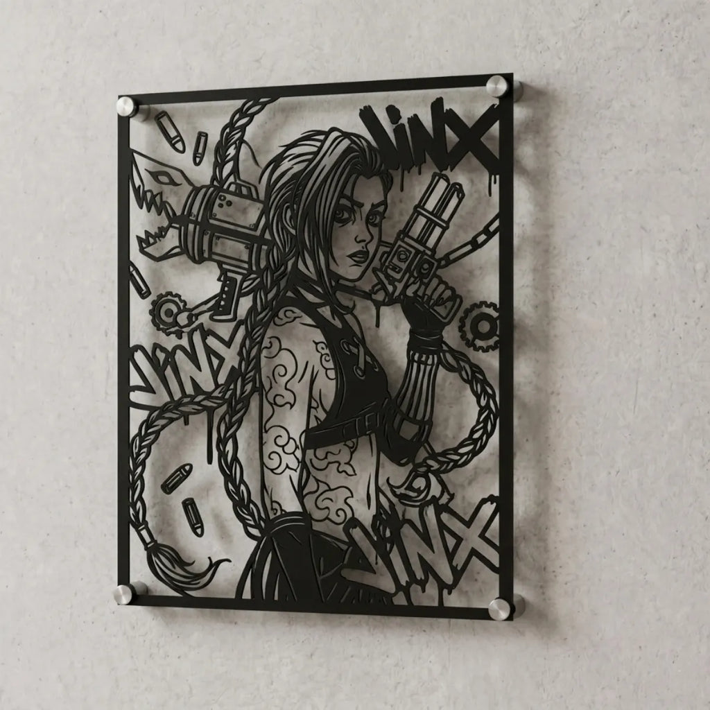 Cuadro decorativo de Jinx de League of Legends en acero cortado a láser