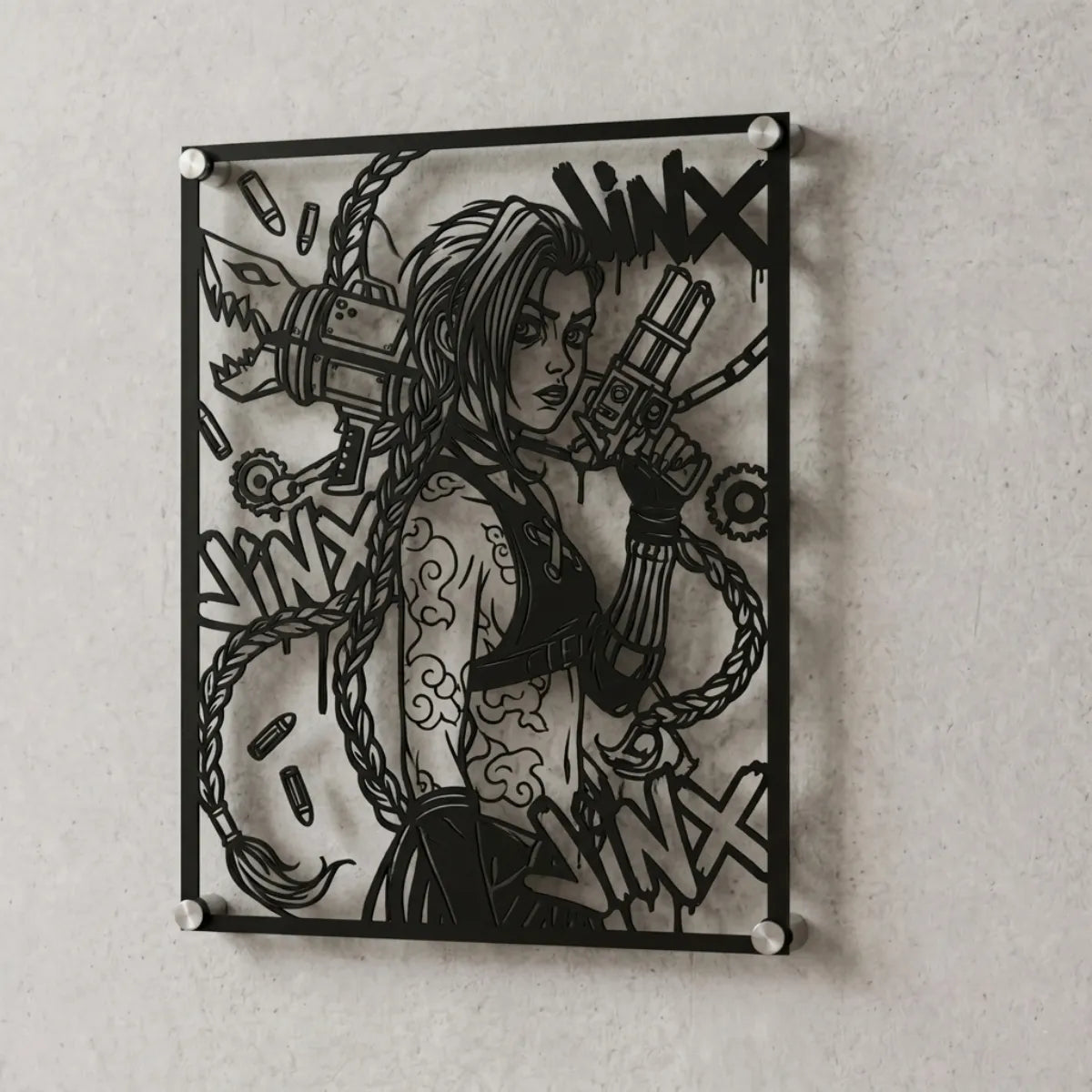 Cuadro decorativo de Jinx de League of Legends en acero cortado a láser