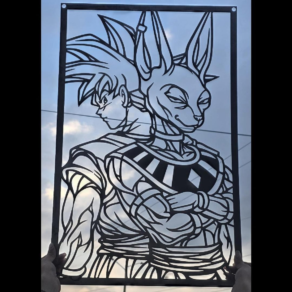 Corte láser y pieza terminada del cuadro de Goku y Beerus en acero, colgado en pared