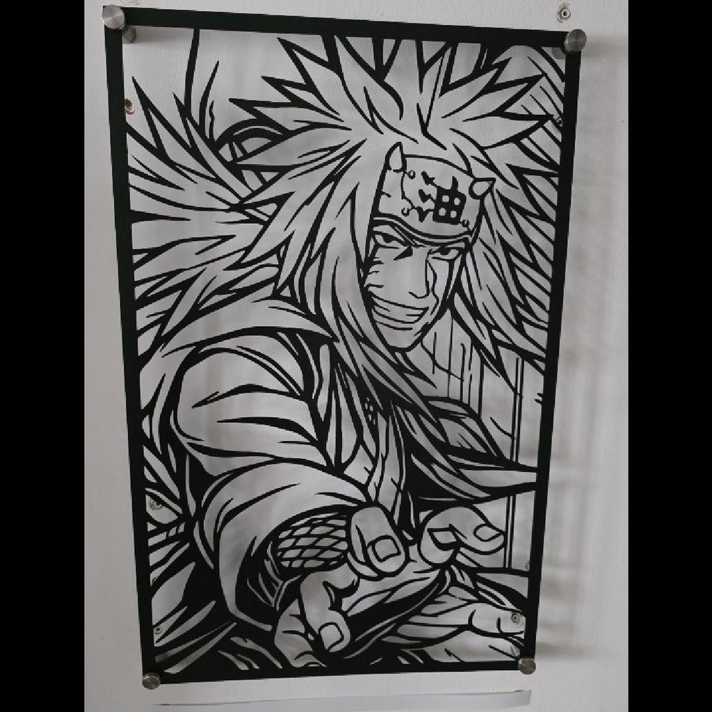 Corte láser y pieza terminada del cuadro de Jiraya en acero, colgado en pared