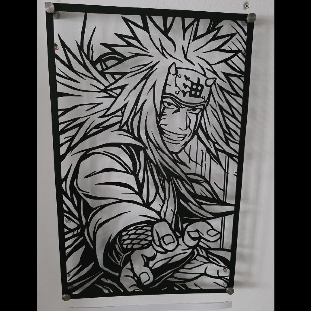 Corte láser y pieza terminada del cuadro de Jiraya en acero, colgado en pared