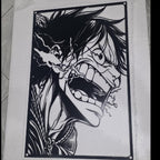 Corte láser y pieza terminada del cuadro de Luffy en acero, colgado en pared