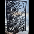 Corte láser y pieza terminada del cuadro de Pain en acero, colgado en pared