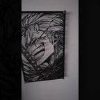 Corte láser y pieza terminada del cuadro de Zoro en acero, colgado en pared