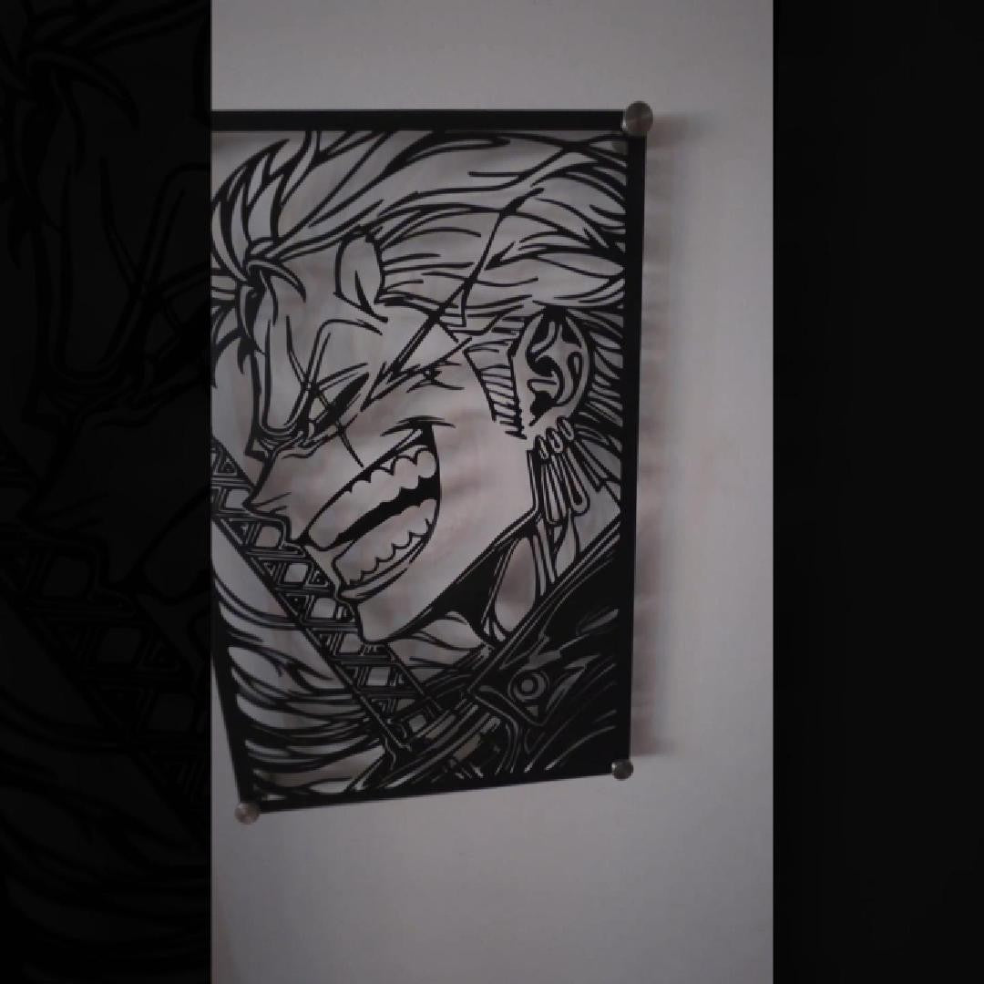 Corte láser y pieza terminada del cuadro de Zoro en acero, colgado en pared